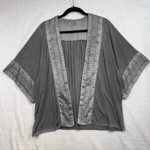 POL L Gray Boho Open Front Embroidered Kimono Cardigan Coastal Minimalist Hippie